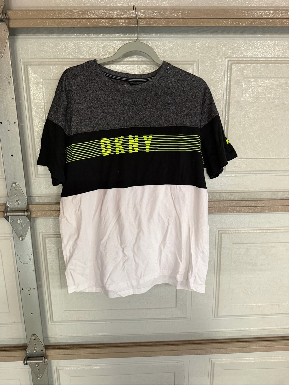 Dkny Gray, Black &‎ White Colorblock Tee with Neon Yellow Logo